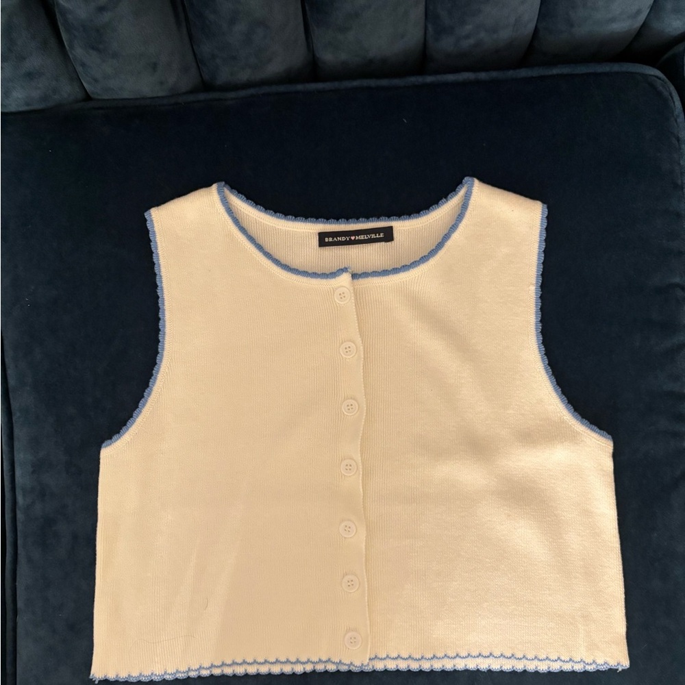 Brandy Melville Cream and Blue Button-Up Blouse